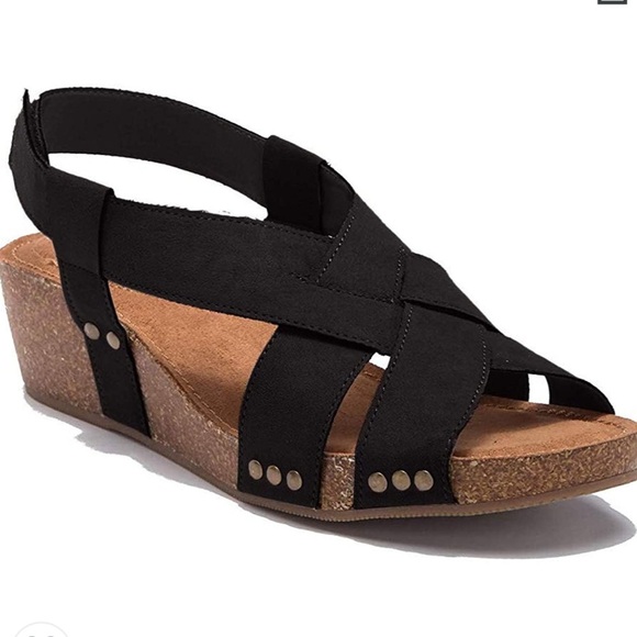 Me Too Womens LOLA Wedged Sandal Black size 8 - Picture 1 of 9
